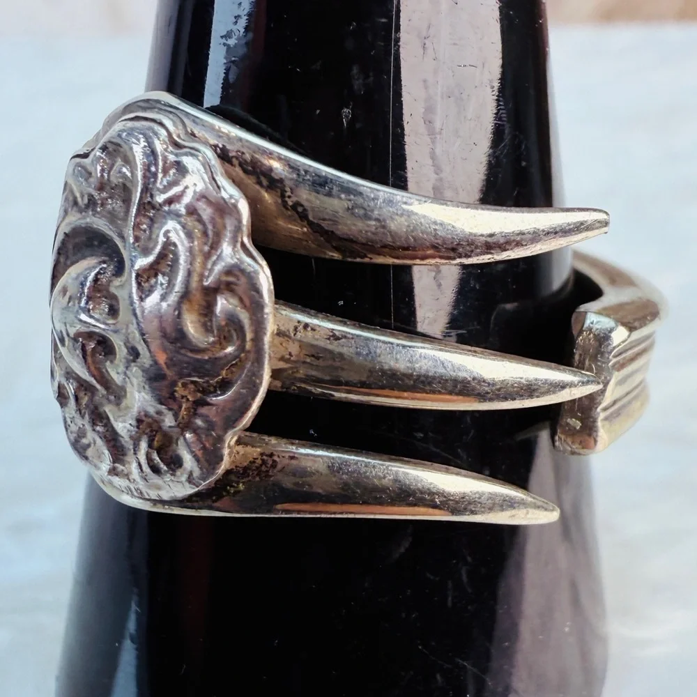Repurposed Vintage Fork Ring with Ornate Scroll Motif sz 10 1/4 ring
